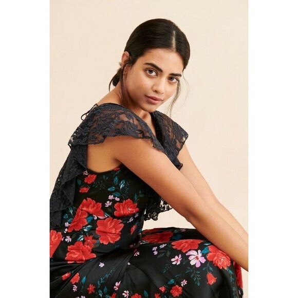 NWT Free People Warm Hearts Floral Lace Neckline Asymmetrical Midi Dress Xs - Picture 2 of 10